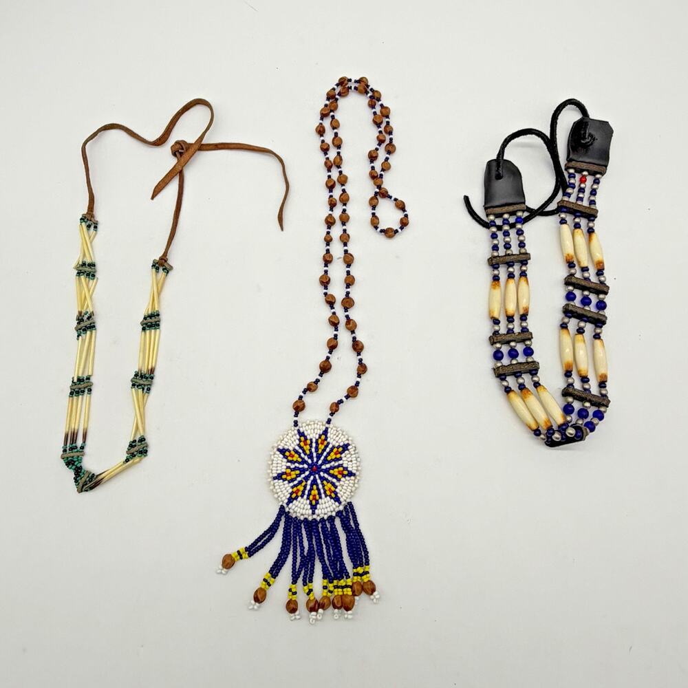 Lot 3 Tribal Native American Style Beaded Bone Leather Necklaces Boho Southwest